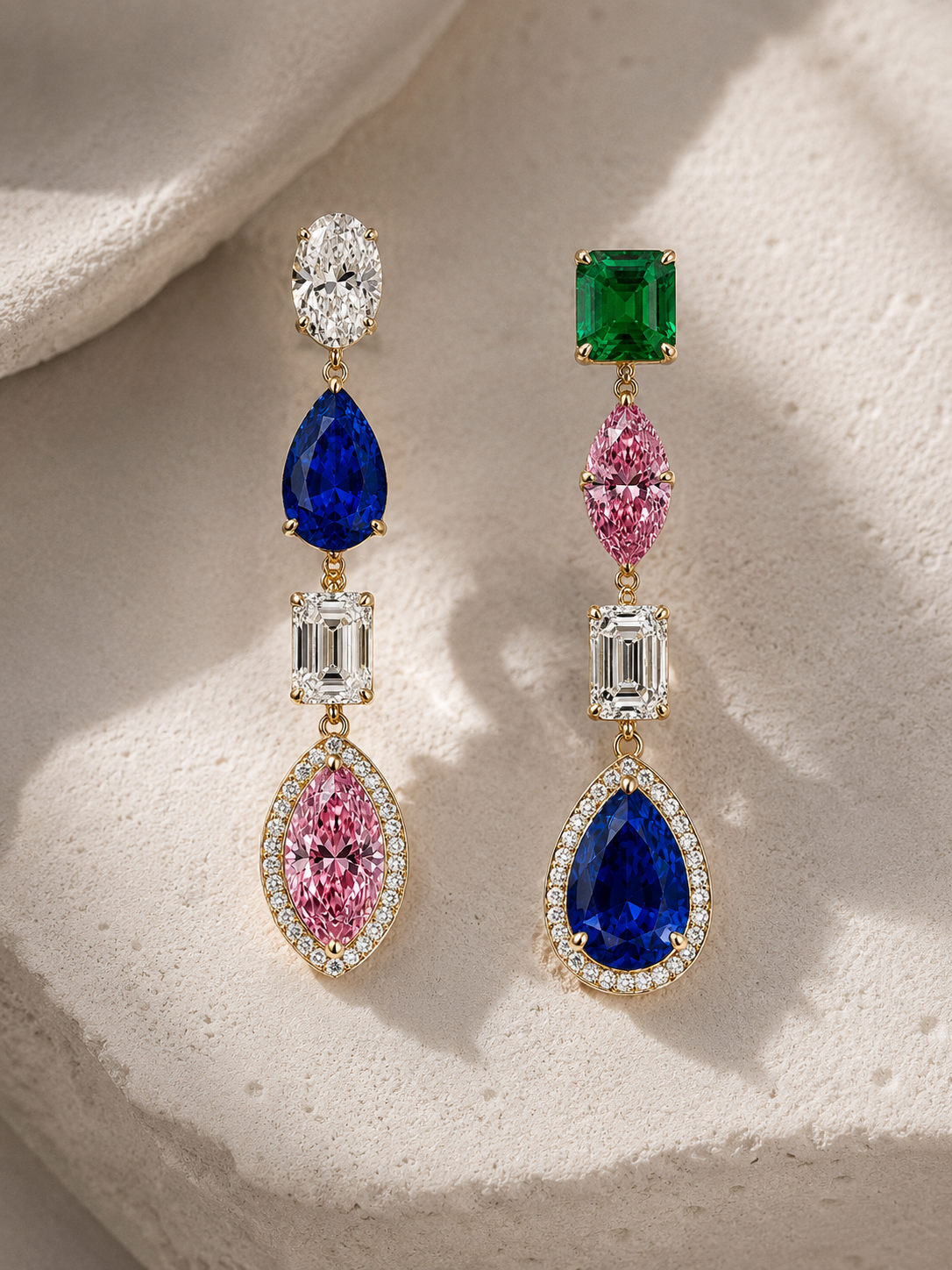 Asymmetric multicoloured gemstone drop earrings